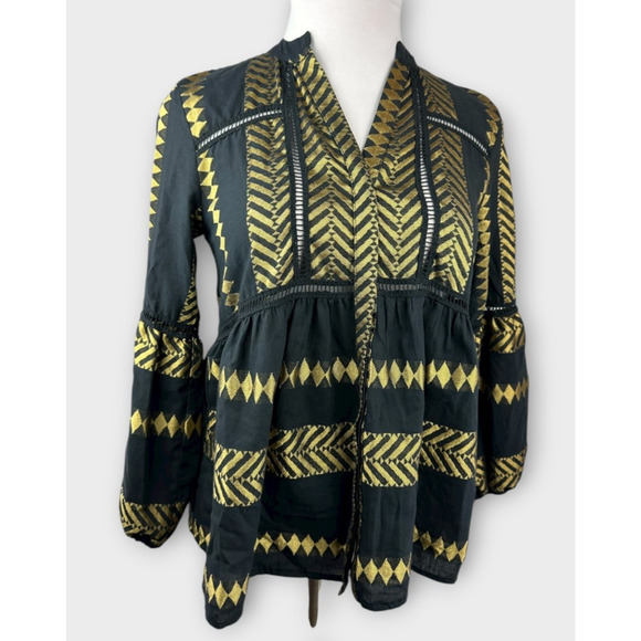 Kasia Blouse Black & Gold Balloon Sleeve Boho Geometric Babydoll Top Size Small - Picture 2 of 13